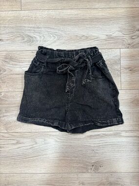 TGLA Acid Washed Black Denim Paperbag Shorts